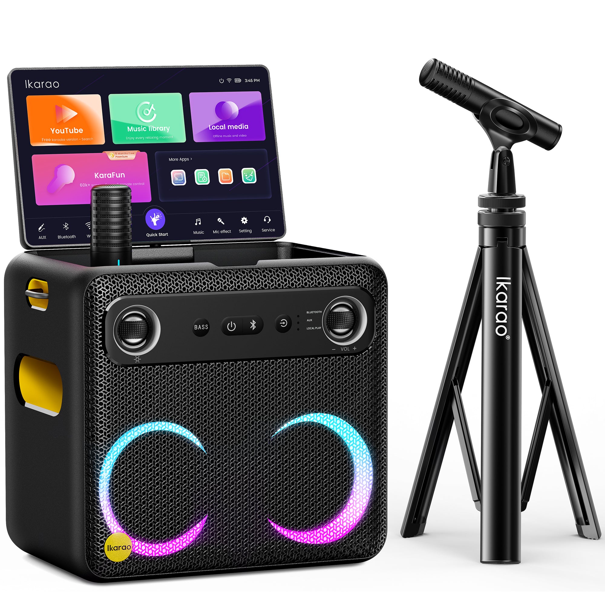 Machine karaoké Ikarao avec support de micros, haut-parleur Bluetooth portable, 2 micros sans fil, affichage des paroles, connexion TV HDMI, batterie 8h, amusement en famille et en voyage