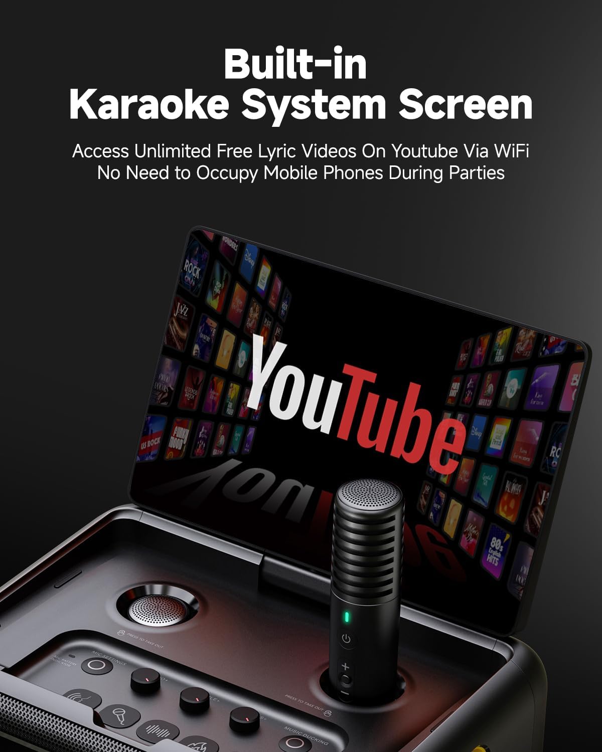 Machine karaoké Ikarao avec support de micros, haut-parleur Bluetooth portable, 2 micros sans fil, affichage des paroles, connexion TV HDMI, batterie 8h, amusement en famille et en voyage